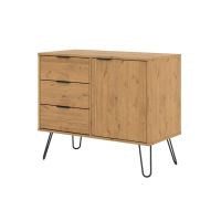 Small Pine Sideboard Cupboard with 1 Door and 3 Drawers Metal Hairpin Legs