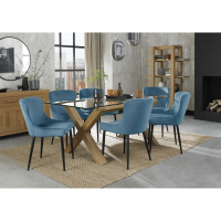 Turin Clear Tempered Glass 6 Seater Dining Table with Light Oak Legs And 6 Cezanne Petrol Blue Velvet Fabric Chairs with Sand Black Powder Coated Legs