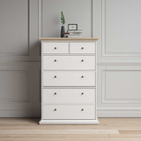 Modern White Painted Oak Top 6 Drawer Bedroom Chest With Round Metal Knobs 139.4x96.2cm