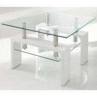 Modern Square 60cm White High Gloss End Lamp Side Table Glass Top Single Shelf