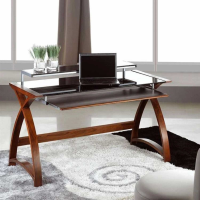 Modern Home Office Computer Study Desk Laptop Table Black Glass Top Curved Leg X Walnut Base