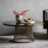 Modern Round Coffee Table Bronze Metal Frame Tinted Glass Top Cage Base 90cm Diameter
