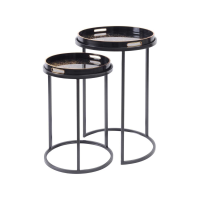Black and Gold Set of 2 Round Tray Top Nesting Side Lamp Tables Coral Effect Finish 48cm Diameter
