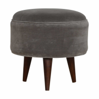 Scandinavian Round Solid Walnut Mango Wood Footstool with Grey Velvet Seat 45cm Diameter