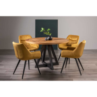 Rustic Oak Round Dining Table Set with 4 Mustard Yellow Tub Velvet Chairs