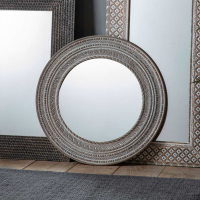 Intricate Carved Rustic Mango Wood Round Wall Mirror 90cm Diameter