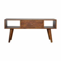Scandi Nordic Style Chestnut Finish Coffee Table In Solid Wood With Drawer 40x90cm