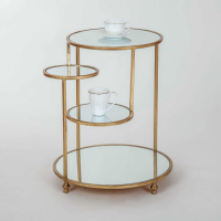 Gin Shu 4 Tier Gold Gilt Leaf Metal Round Side Table Mirrored Glass Shelves 56cm Diameter