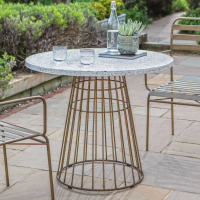 Round Outdoor Garden Bistro Dining Table White Terrazzo Top and Golden Metal Base