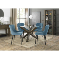 Turin Clear Glass 4 Seater Small Dining Set Dark Oak Legs 4 Petrol Blue Velvet Chairs