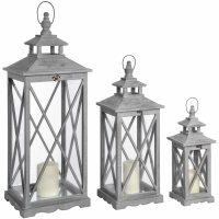 Set Of Three Grey Wash Wooden Lanterns With Traditional Cross Section