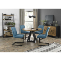 Modern Rustic Oak Small Round 125cm Dining Set 4 Blue Velvet Fabric Cantilever Chairs
