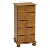 Richmond Pine Wood Stained Lacquered 5 Drawer Narrow Bedroom Chest Of Drawers 90x44cm