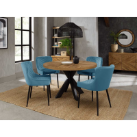Rustic Oak Small 4 Seater Kitchen Dining Table Set Cross Legs 4 Blue Velvet Fabric Chairs