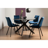 Modern Round Glass Dining Table Set 4 Blue Velvet Fabric Chairs 120cm Diameter