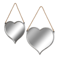 Set Of 2 Silver Heart Shaped Wall Hanging Mirrors With Rope Detail