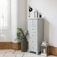 Modern Tall Grey Painted Chest of 5 Drawers Tallboy Chalked Oak Top 116x55x40cm