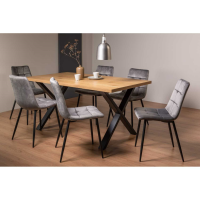 Rustic Oak 6 Seater Dining Table Set X Leg Frame 6 x Grey Velvet Fabric Dining Chairs
