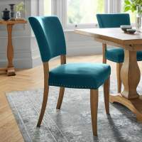 Pair of Rustic Oak Dining Chairs Sea Green Velvet Fabric Upholstery with Stud Edge Detail
