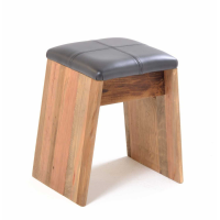 Fair Isle Rustic Chic Reclaimed Pine Stool Quartered Leather Padded Seat 44x41x30cm