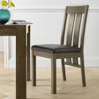 Turin Dark Oak Wood Slatted Dining Room Chair With Distressed Bonded Leather Upholstered Seat Pad (Pair)