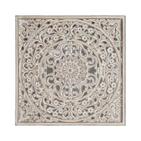 Large 120cm Square Wooden Distressed White Wash Carved Wall Art Bohemian Style