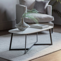 Modern White Faux Marble Top Coffee Table Black Metal Base Frame