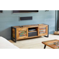 Low Widescreen TV Media Cabinet Recycled Painted Boat Wood Black Metal Frame