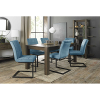 Retro Dark Oak Large 185 to 245cm Extending Dining Set 6 Petrol Blue Fabric Chairs