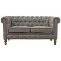 Traditional Style Mango Wood Grey Checked Fabric Chesterfield 2 Seater Sofa 76x150cm