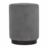 In1432 Grey Velvet Footstool With Wooden Base
