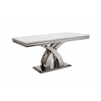 Polished Stainless Steel Dining Table with Bone White Marble Top 160cm Curved Base