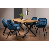 Rustic Oak Dining Table 4 Chair Set On X Legs 4 Petrol Blue Velvet Fabric Chairs 160cm 6 Seater