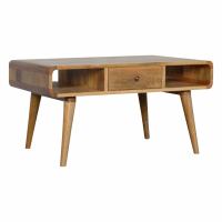 Scandinavian Mango Wood 2 Drawer Curved Coffee Centre Table with 2 Open Slots 45x85cm