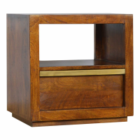 1 Drawer Mango Wood Chestnut Bedside Table Cabinet Nightstand with Gold Pull Out Bar