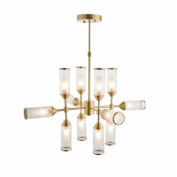 Modern Ribbed Frosted Glass and Satin Brass Twelve Lamp Semi Flush Ceiling Light