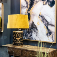 Stylish Ceramic Table Lamp With Black And Gold Honeycomb Designed Base And Shade 65x43cm