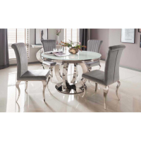 Orion 130cm Round White Glass Top Dining Table and Polished Steel Base