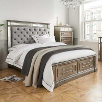 Modern Buttoned Silver Grey Velvet 5ft 150cm King Sized Bed with Mirrored Panels