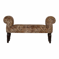 Nordic Mango Wood Leopard Print Velvet Upholstered Bench With Turned Feet 53 x 101cm