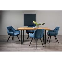 Ramsay Rustic Oak Effect Melamine Medium 6 Seater 160cm Dining Table Set on U Leg 4 Dali Petrol Blue Velvet Fabric Chairs