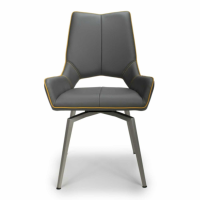 Grey Leather Swivel Dining Chair with Yellow Piping Chrome Legs