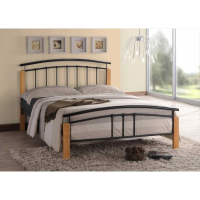 Black Metal 4ft6 135cm Double Bed with Beech Posts Arched Headboard Low Foot Board