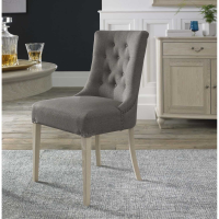 Modern Grey Fabric Upholstered Dining Chair Scoop Buttoned Back Stud Detail Oak Legs