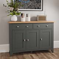 Grey Painted 3 Door 2 Drawer Sideboard Cabinet Solid Wood Framed Light Oak Top