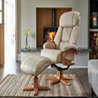 Modern Armchair and Footstool Set Ivory Leather Upholstered Swivel Recliner