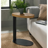 Modern Rustic Oak Over Arm Sofa Coffee Table Marquetry Oval Top Black Metal Base