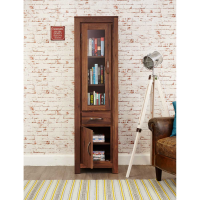 Dark Wood Walnut Glazed Bookcase Display Cabinet Narrow Slim Tall 1 Drawer 1 Cupboard Base