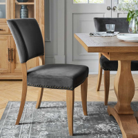 Rustic Oak Dining Chair Grey Velvet Fabric Upholstery with Stud Edge Detail