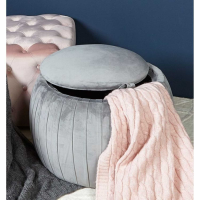 Modern Grey Velvet Fabric Upholstered Round Storage Stool 56cm Diameter